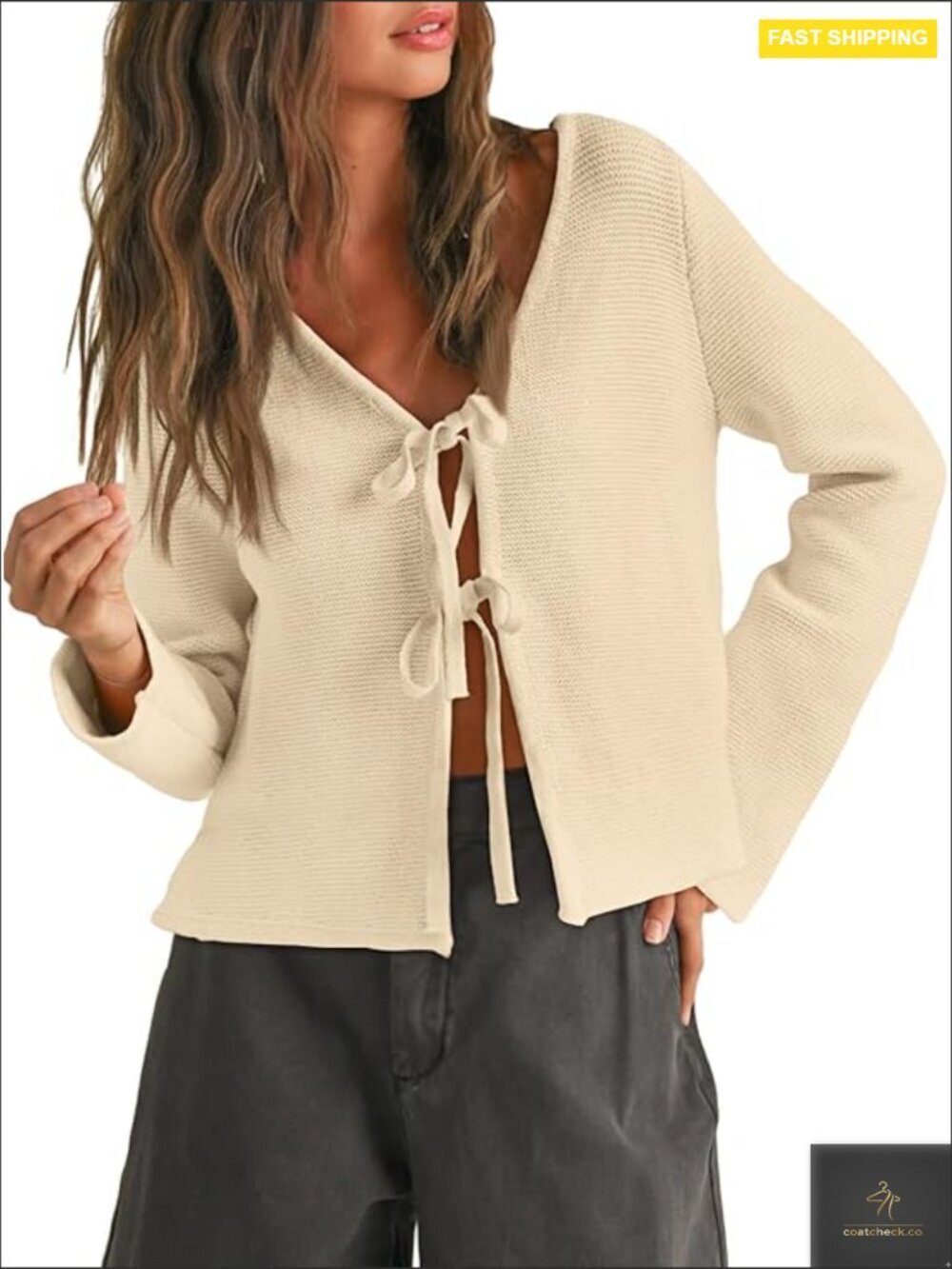 Tie Front Cardigan Crochet Crop Sweater Y2K Casual Outfit Long Sleeve V-Neck